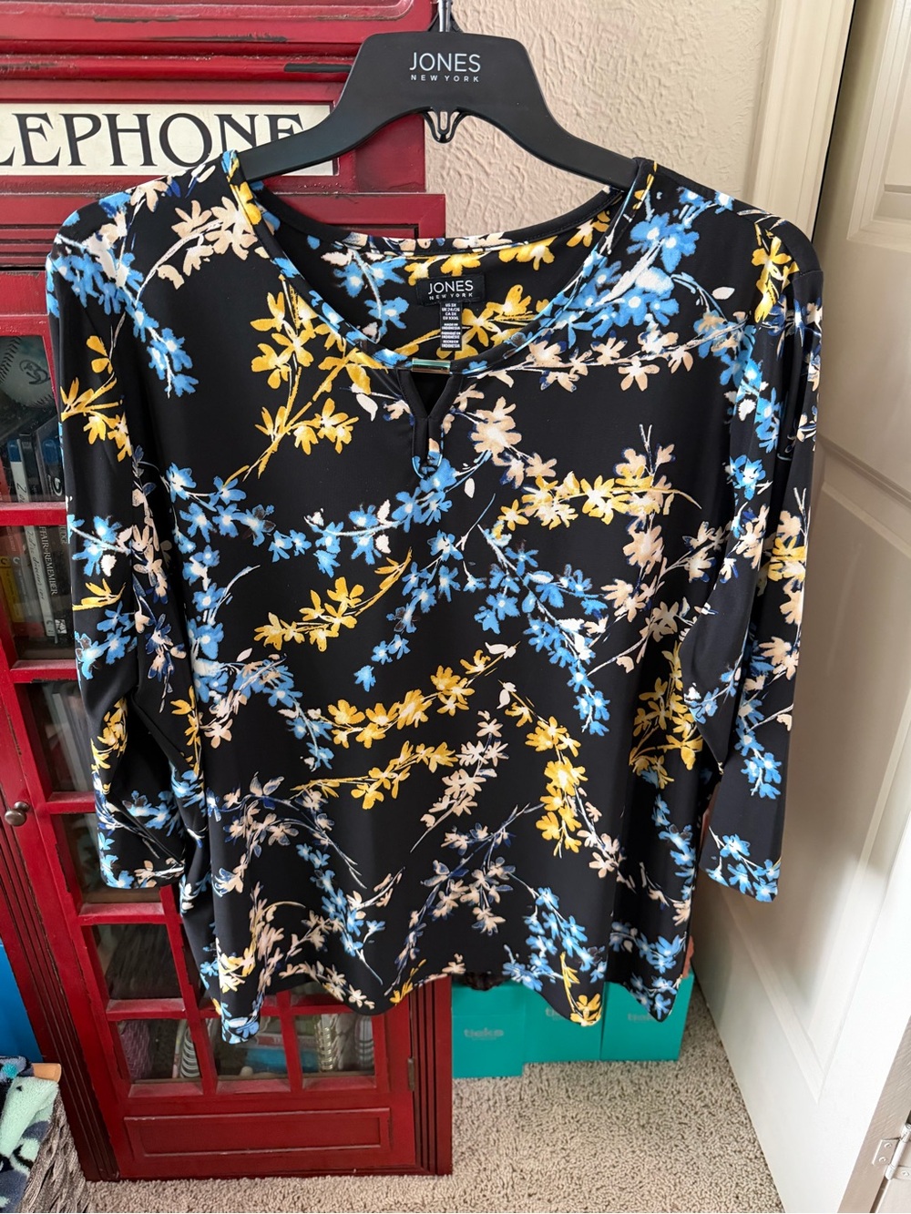 Jones New York 3X Black Blue Yellow Floral 3/4 Sleeve Blouse Plus Size